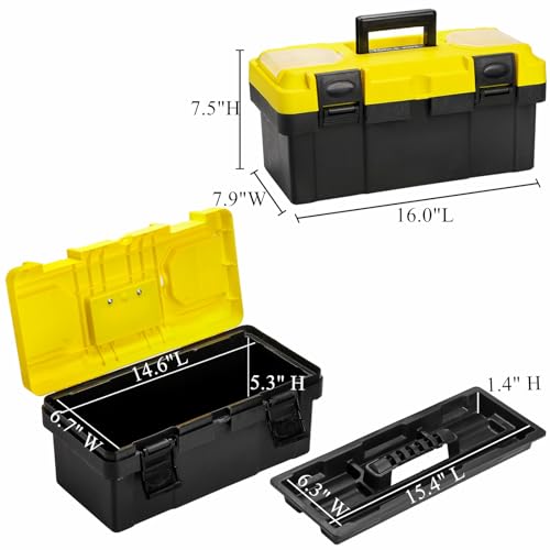 Cididu 16 Inch Plastic Tool Box with Handle, Portable Toolbox with Removable Tray and Lockable Design, Heavy Duty Toolbox Organizer with Small Parts Box for Household Workshops Garages, Black Yellow
