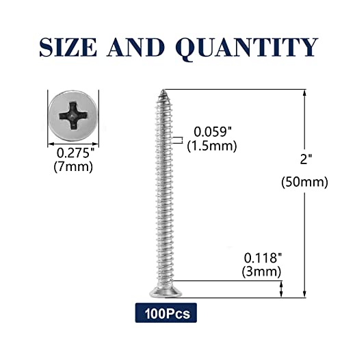#7 x 2 Wood Screw 100Pcs 18-8 (304) Stainless Steel Screws Flat Head Phillips Fast Self Tapping Drywall Screws by SG TZH - size: #7 x 2"