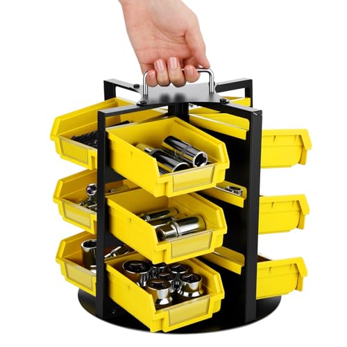 Geelin 12 Bins Rotating Storage Bins Tool Organizer 3 Tiers Hardware Crafts Small Parts, Nuts and Bolts, Revolving Storage for Workshop, Shed, Garage, Home (Yellow)