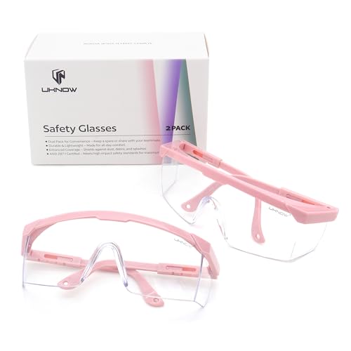 UKNOW Safety Glasses 2 Pack - Anti Fog Safety Goggles ANSI Z87.1 - Adjustable Protective Eyewear - Clear Lens Lab Goggles - color: Pink