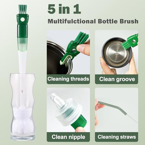 XYFuuee 5Pcs Water Bottle Cleaner Brush Set 5 in 1 Cup Straw Cleaning Brush - color: Green