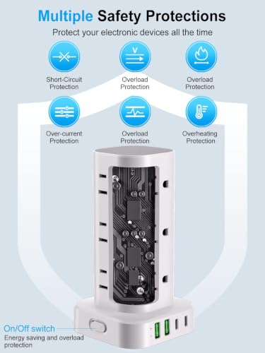 Power Strip Tower with Wireless Charger, Surge Protector with 12 Outlets - color: White, size: 10FT with Wireless Charging