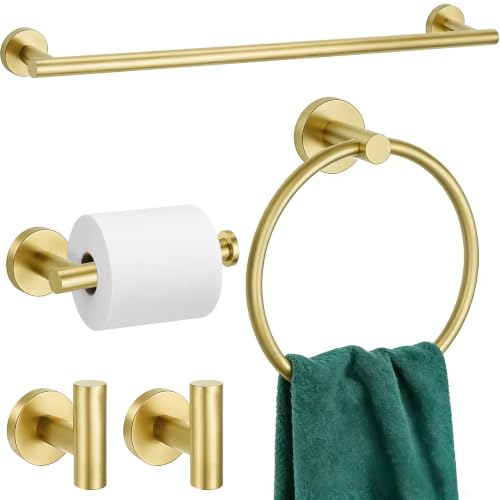 5 Pieces Bathroom Hardware Accessories Set Brushed Gold, 24Inch Bathroom Towel Rack Set SUS304 Stainless Steel, Round Toilet Paper Holder Heavy Duty, Wall Mounted - color: Brushed Gold, size: 5 Pieces 24" B