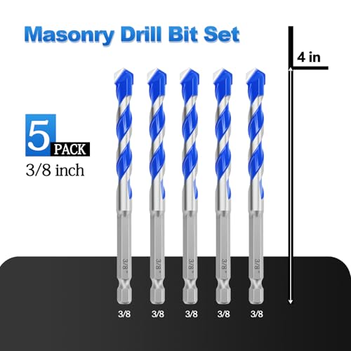5 Pack 3/8" Masonry Drill Bit Set for Concrete,Hex Shank, 4" Length - size: 3/8 inch（ 5 Pack ）, style: Hex Shank