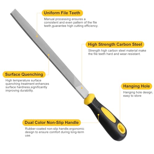 8“ Flat Hand Metal File, 10pcs, length 12”, Ergonomic Rubberized Handle, Uniform Teeth, Strength High Carbon Steel, Perfect for Long Time Use for Trimming, Sharping Metal, Stone, Wood, etc.