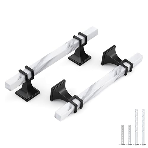 Haliwu 10 Pack 4 Inch White Marble Cabinet Pulls Zinc Black Kitchen Handles - color: White Marble & Black, size: Hole Center Spacing：102mm (4 inch)