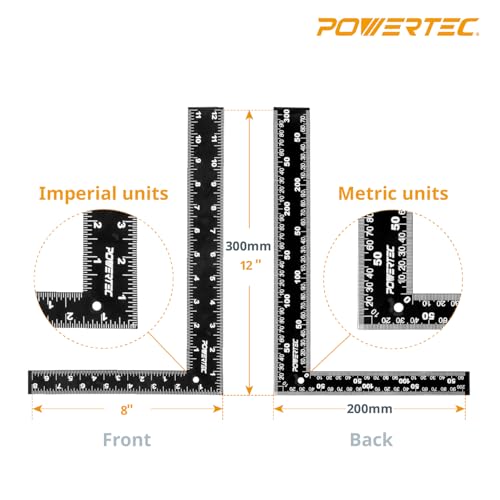 POWERTEC Carpenter Square 8" x 12" - L Square Ruler, Right Angle Square Tool, Woodworking Square for Carpentry, Construction, DIY, 1PK (80035) - style: 8" x 12" Square
