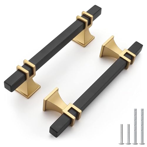 Haliwu 10 Pack 3-3/4 Inch Black and Gold Cabinet Pulls Zinc Kitchen Handles - color: Black & Matte Gold, size: Hole Center Spacing：96mm (3-3/4 inch)
