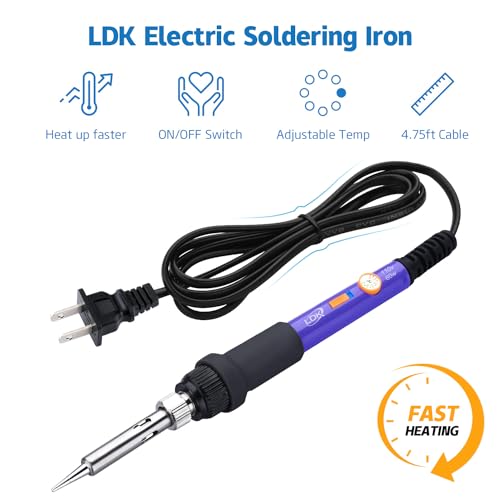 LDK 60W Soldering Iron Kit, Adjustable Temperature Electric Soldering Gun Welding Tools with ON/OFF Switch, Solder Wire, Flux Paste, Soldering Iron Stand, Sponge, 5pcs Tips [110V US Plug] - color: 11-in-1