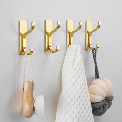 Adhesive Wall Hooks for Towel/Coat,13Lb Strong Stick-On Hooks, Gold 6 Pack - color: Gold, size: 6 Pack