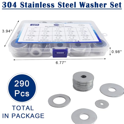 290 Pcs Flat Washers for Screws, Stainless Steel Fender Washers Assortment