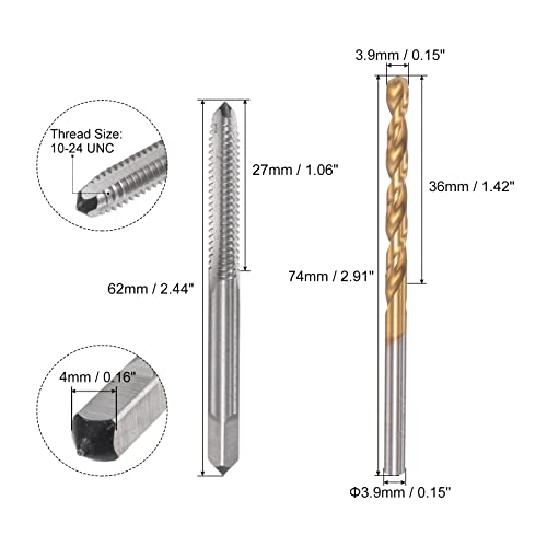 uxcell 10-24 UNC Straight Flute Thread Tap and 3.9mm Twist Drill Bit Set, Titanium Plated 6542 High Speed Steel Drilling Bit Machine Threading Tap - size: 10-24 UNC + 3.9mm