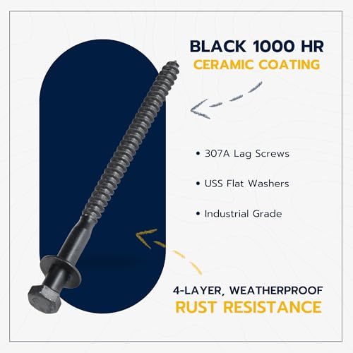 3/8 x 6 (50 Pack) Lag Screw Kit, 50 Screws and 50 Washers, Ceramic Black Ruspert Coating for Exterior Use, Meets ASTM A307 and ASME B18.2.1, Industrial/Commerical Grade by Makers Bolt - size: 3/8 x 6