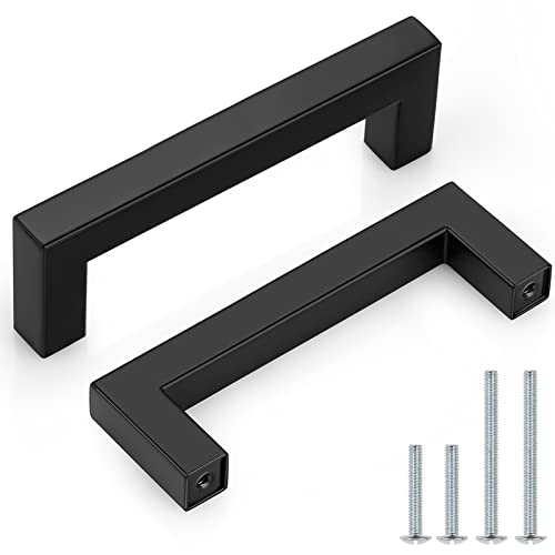 Probrico (10 Pack Square Kitchen Cabinet Handles Matte Black 3-3/4 Inch(96mm) Hole Center Drawer Pulls Stainless Steel Modern Cabinet Hardware - color: Black, size: hole center 3-3/4"