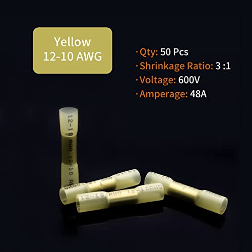 12-10 AWG Heat Shrink Butt Connectors - 50Pcs Yellow Waterproof Crimp Electrical Wire Connectors Splice Marine Automotive Cable Wiring Terminals - size: AWG 12-10