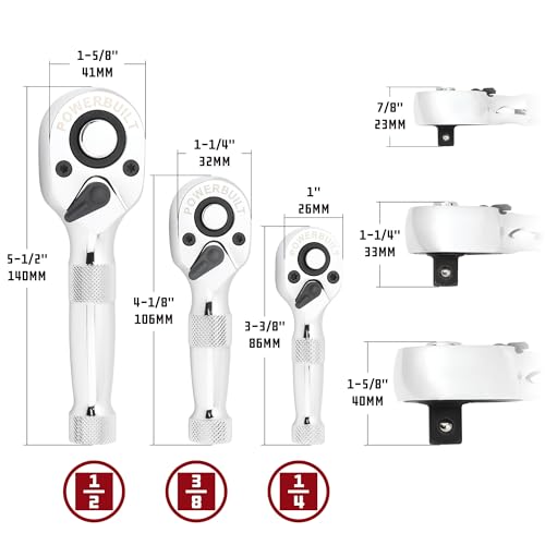 Powerbuilt 3 Piece 1/4-Inch, 3/8-Inch and 1/2-Inch Stubby Ratchet Set, Quick-Release Reversible 90 Tooth, Tight Spaces, Mini Small Ratchet Wrench - 643153ECE - style: 3 Pc Ratchet Set