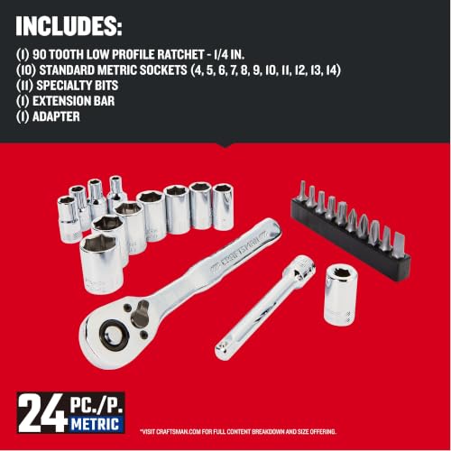 CRAFTSMAN Socket Set, 24-Piece, 1/4 Inch Drive, Metric, Includes Storage Case, 90-Tooth (CMMT12110LZ) - style: NEW MM Set
