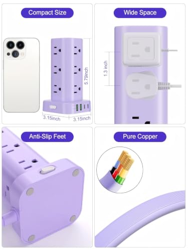 6FT Power Strip Tower Surge Protector, 12 Wide Spaced Outlets, 4 USB - color: Purple, size: 6FT without Wireless Charging