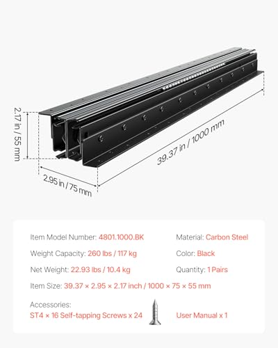 VEVOR Undermount Heavy Duty Drawer Slides, 16 24 32 40 Inch 260 lb Load Capacity Full Extension Ball Bearing Under Stair Cabinet Rails, Bottom Stair Cabinet Glides Track Runners(40inch, Black) - size: 40 Inch