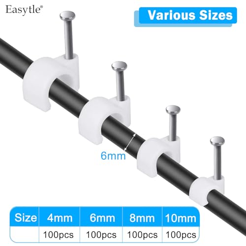 Cable Wire Clips 4mm 6mm 8mm 10mm Cable Management RG6 RG59 CAT5 CAT6 RJ45 Electrical Ethernet Dish TV Speaker Wire Cord Tie Holder Single Coaxial Nail Clamps (Pack of 400) - size: 400 Pcs