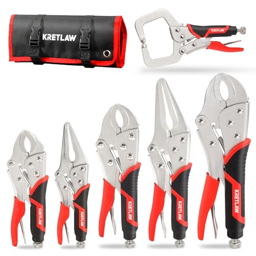 Vice Grips Pliers Set, 6-Piece Locking Pliers Set, 6-1/2”&9-1/2” Long Nose Locking Pliers, 5”, 7” and 10” Curved Jaw Vise Grip Pliers, 6” C-clamp with Rolling Pouch