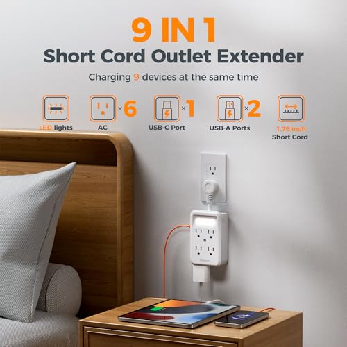 TESSAN Multi Plug Wall Outlet, 6 AC Outlet Extender with 3 USB Ports (2A1C) and Night Light, 3-Sided Multiple Wall Plug Expander，Charging Station for Cruise Travel, Home Office, Dorm Room Essentials