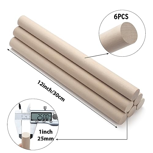 Wooden Dowel Rods Wood Dowels for Crafts, 6 PCS 1 x 12 Round Wooden Sticks for Crafts, Thick Macrame Dowels, Unfinished Hard Wood Sticks for Crafting, Arts and DIYers, Closets and Wedding - size: 1"×12"-6PCS