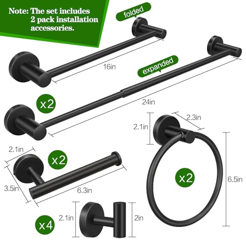 10pcs Matte Black Retractable Bathroom Hardware Set, - color: 10pcs 24" Black