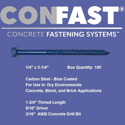 CONFAST 1/4" x 3-1/4" Hex Head Concrete Screw Anchor with Drill Bit for Anchoring to Masonry, Block or Brick (100 per Box) - size: 1/4" x 3-1/4"
