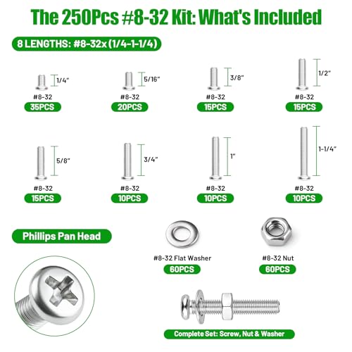 250 Pcs #8-32 Pan Head Machine Screws Nut Washer Bolt Kit,304 SS | Phillips Drive Full Thread Assorted, Includes #8-32 x 1/4"-1-1/4"Lengths for Electrical Outlet Switch Plate, Storage Box - size: SS 250Pcs #8-32（1/4" to 1-1/4" ） Pan