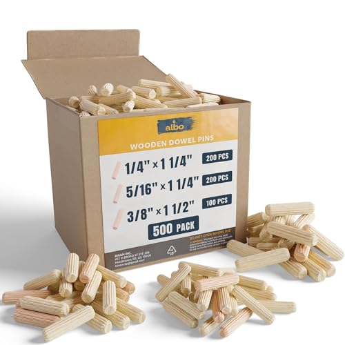 ALBO Wooden Dowel Pins 500 Pack Assorted Sizes 1/4 + 5/16 + 3/8 inch Fluted Wood Dowels Rods Hardwood Crafts Dowel Pegs - size: Set 500pcs 1/4 + 5/16 + 3/8