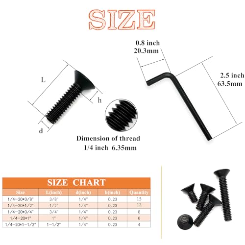 45pcs 1/4-20 5 Sizes Countersunk Head Flat Socket Head Cap Screws Assortment Kit with Allen Keys, Black Grade 10.9 Carbon Steel Socket Cap Bolts Flat Countersunk Head Machine Screws - size: BLACK-5Size-1/4-45P