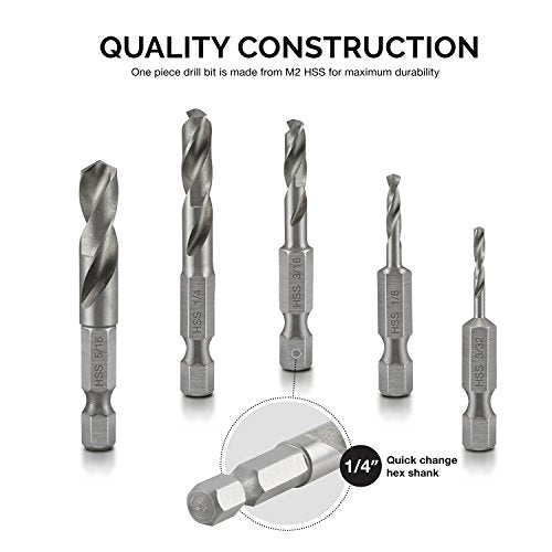 NEIKO 11402A Stubby Drill Bit Set for Metal, 5 Piece 1/4" Quick Change Hex Shank, M2 High Speed Steel for Quick Change, Chucks and Drives Drill Bit Holder Included, Hex Shank Drill Bit Set - size: 5 Piece, style: Stubby
