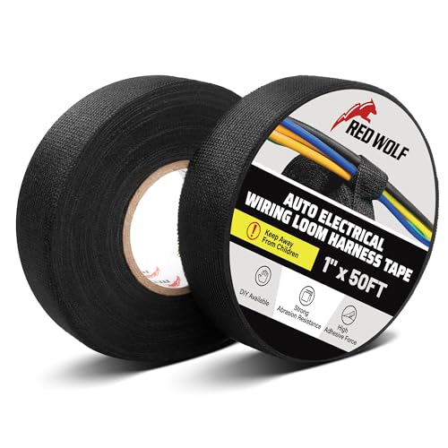 RED WOLF Wire Electrical Tape, 1 Inch x 50 Feet 2-Roll, Felt Cloth Electric Tape Noise Dampening High Temp Wiring Loom Harness, Self-Adhesive Fabric Tape for Automotive Engines Wrap Protection