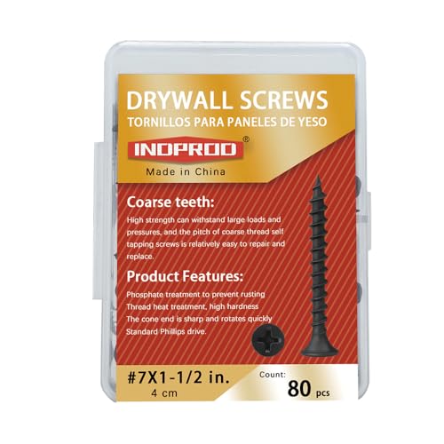 #7 x 1-1/2" Coarse Thread Drywall Screw with Phillips Bugle Head, Black Phosphate Coated, Sharp Point, High Strength Quick Self Tapping Screw for Drywall Sheetrock, Wood and More, 80Pcs - size: #7 x 1-1/2-Inch