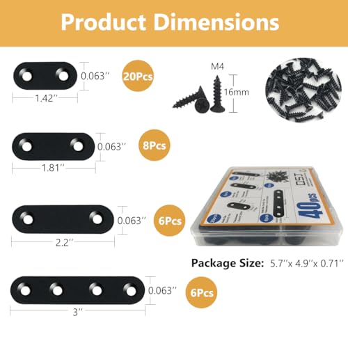 QSJ 40 Pack Black Corner Braces Flat Bracket Set 1.42/1.81/2.2/3inch Stainless Steel Metal Plate for Wood - size: 40Pcs Bracket Set (Strip-1.42/1.81/2.2/3'')