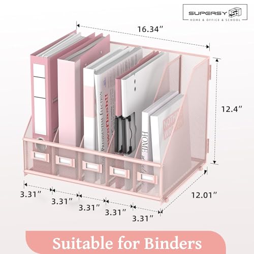 SUPEASY Desk Organizers Metal Desk Magazine File Holder with 5 Vertical Compartments Rack File Organizer for Office Desktop, Classroom, Home Workspace, Pink Plus - color: Pink, size: Large