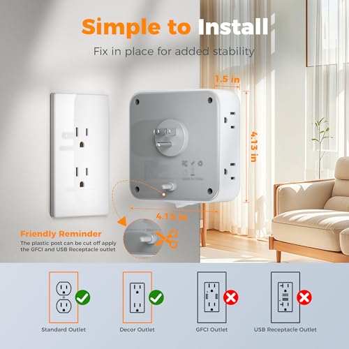 TESSAN Wall Surge Protector Outlet Extender with 8 Outlets Wall Charger - color: Grey, size: 2 USB-A+1 USB-C