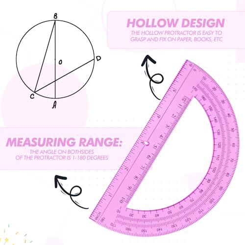 Zonon 2 Pcs 12 Inch Clear Ruler and 6 Inch Plastic Protractor Set, Pink - color: Pink
