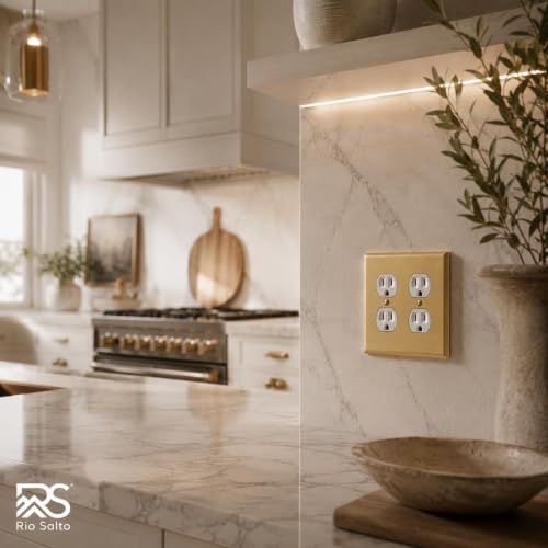 Rio Salto BRASS Decorative Outlet Covers Light Switch Cover 2 Duplex Outlet Covers Double Duplex Wall Plate Brushed Brass Gold Premium Covers — Signature Collection, Standard 4.56" x 4.50" - color: Duplex 2-Gang (2-Pack)