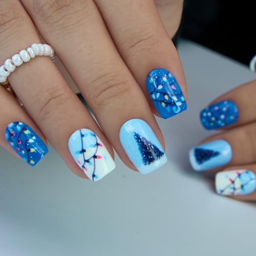 CurvLife Medium Christmas Press On Nails, Lights Art White, Soft Gel - color: Christmas Lights Nail Art