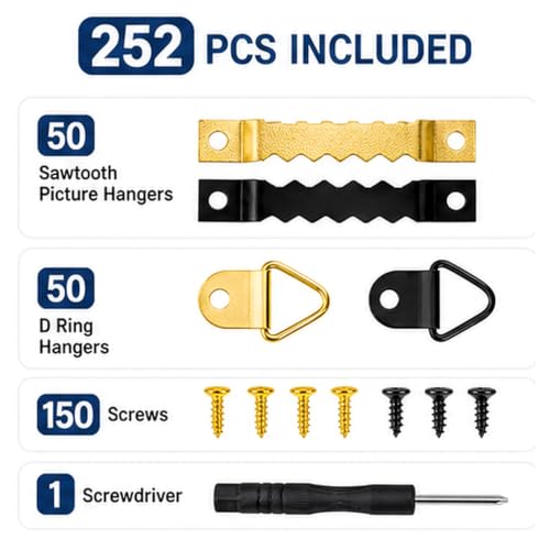 Sawtooth Picture Hangers with Screws and D Ring Hangers, 252 Piece Picture Hanging Hardware Kit for Frames, Canvas, Photo and Wall Mounting, Includes Screwdriver