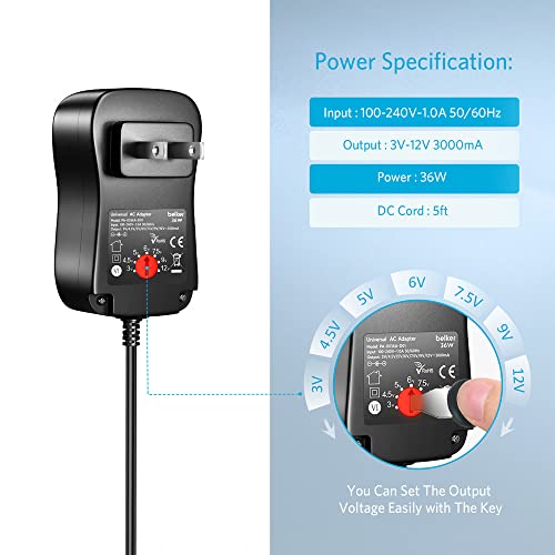 Belker 36W Universal 3V 4.5V 5V 6V 7.5V 9V 12V AC DC Adapter with 8 Tips | Power Supply for Household Electronics Security Camera Router LED Strip Light Speaker - 3A Max - size: 36w 3-12v 3a