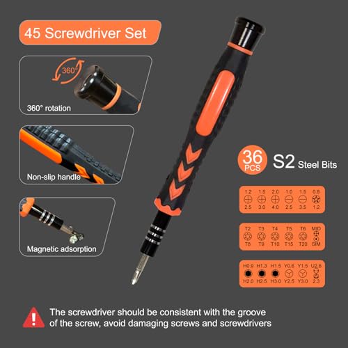 45PCS Precision Screwdriver Set With Case, Flathead Phillips Pentalobe Torx Star Small Repair Tool Kit for PC, Laptop, Tablet, Phone, PS5, XBox, Switch, Glasses, Ring Doorbell