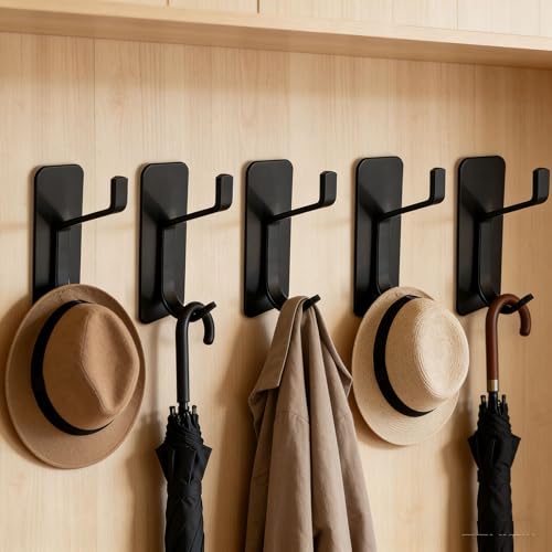 5Pcs Self Adhesive Stainless Wall Hook Key Hooks Sturdy Metal Hanger-Black - color: Black