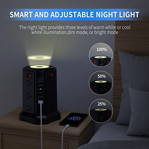 PASSUS Surge Protector Power Strip Tower with 5 USB Ports Black - color: Black-5 USB A