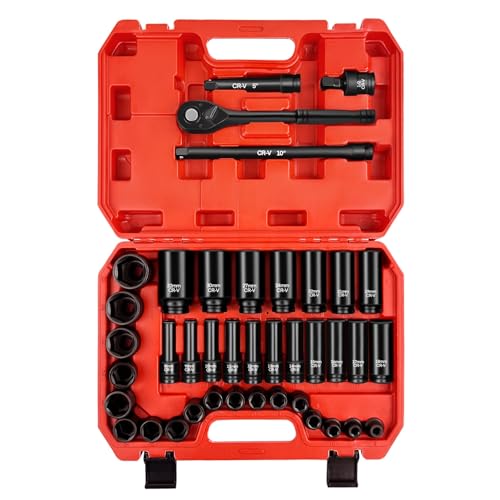 WETT 1/2" Drive Impact Socket Set, 40Pcs Metric Socket Wrench Set (8-32mm), Heavy Duty Standard Sockets Assortment, Deep/Shallow, 1/2-Inch Ratchet Handle, 5", 10" Extension Bar, Universal Joint - size: 1/2" Drive Metric Socket Set (40pcs)