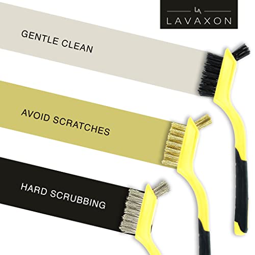 Lavaxon Wire Brush Set 3Pcs - Nylon/Brass/Stainless Steel Bristles with Curved Handle Grip for Rust, Dirt & Paint Scrubbing with Deep Cleaning – 7 Inches (Yellow) - color: Yellow