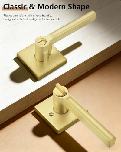 Probrico Interior Door Handles with Lock, Brushed Gold Privacy Levers for Bedroom Bathroom, Heavy Duty Square Reversible Lockset, 10 Pack - color: Gold