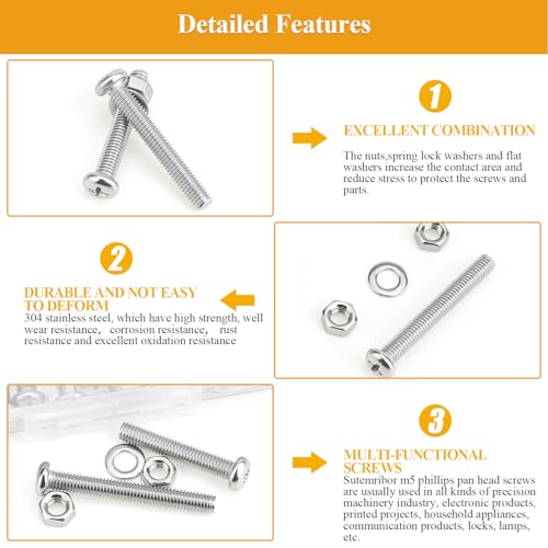 88 Pieces M5 x 30/35/40/45/50mm Machine Screws Nuts Washers Set, Sutemribor M5 Long Screws, M5 Phillips Pan Head Machine Screws Nuts Washers Assortment Kit, 304 Stainless Steel, Fully Threaded - size: M5 Long Screws Kit, style: Phillips Pan Head